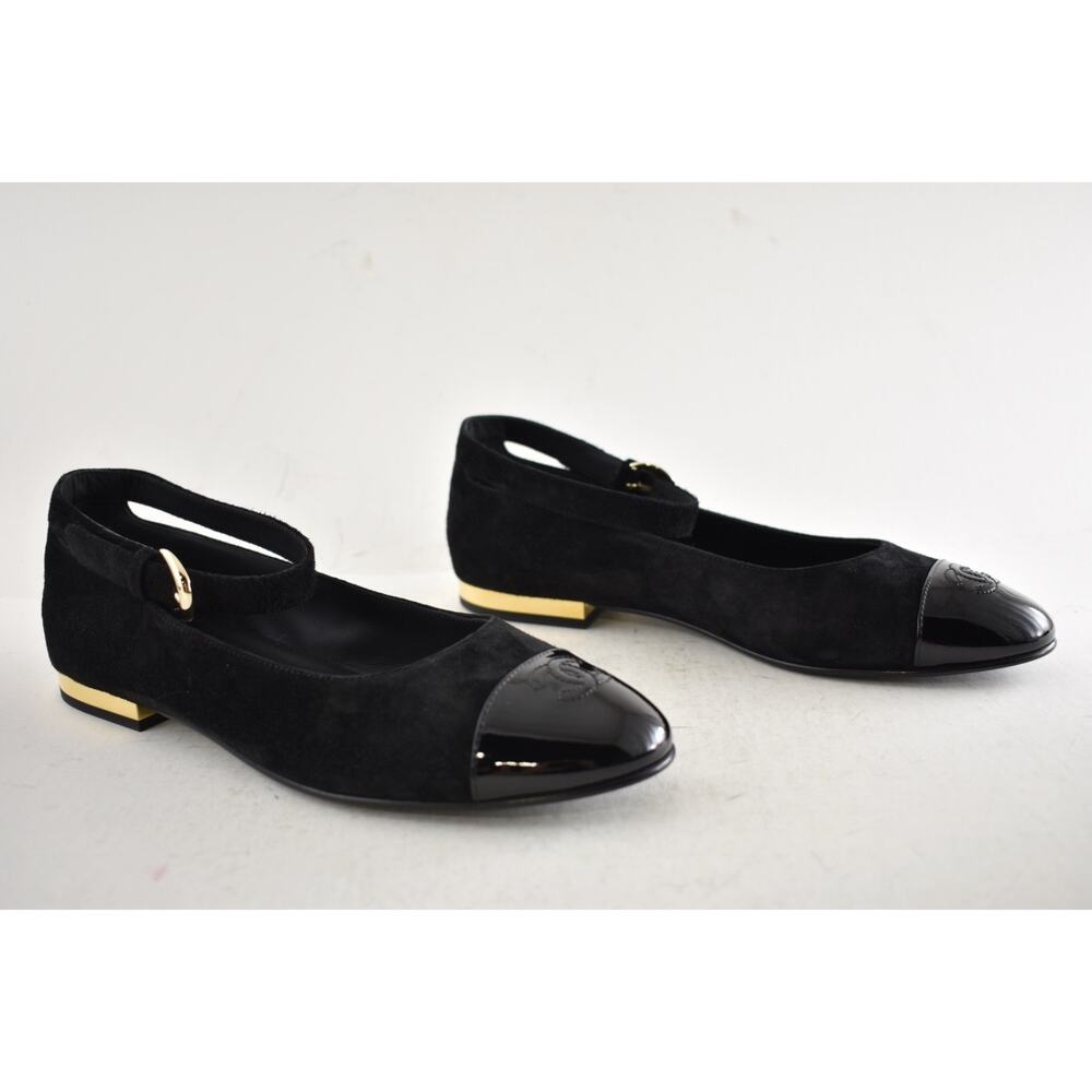 Chanel 24K Black Suede Patent CC Mary Jane Ankle Strap Ballerina Ballet Flat 40 - Picture 3 of 16
